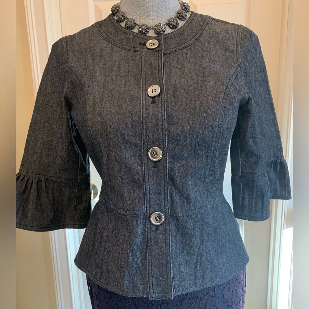 Sandro ruffled jean jacket with 3/4 length sleeve silver tone buttons size S - Picture 8 of 8